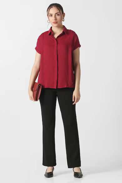 VAN HEUSEN Women Maroon Solid Short Sleeves Formal Shirt Top