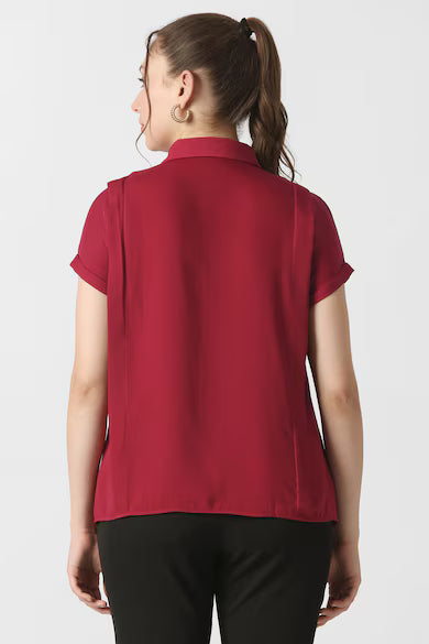 VAN HEUSEN Women Maroon Solid Short Sleeves Formal Shirt Top