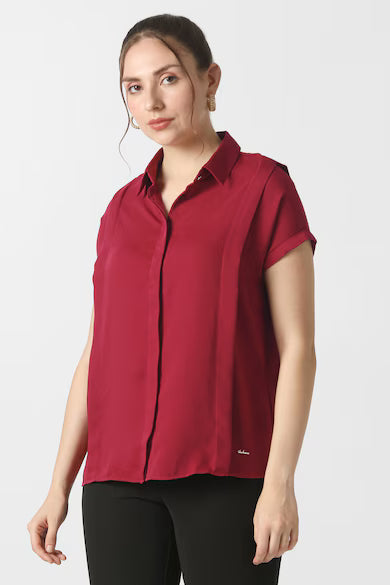 VAN HEUSEN Women Maroon Solid Short Sleeves Formal Shirt Top