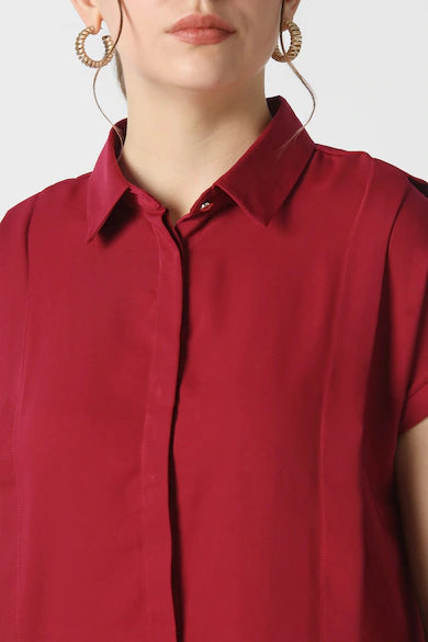 VAN HEUSEN Women Maroon Solid Short Sleeves Formal Shirt Top