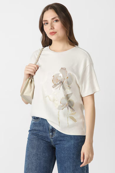 VAN HEUSEN Women White Print Casual Round Neck Top