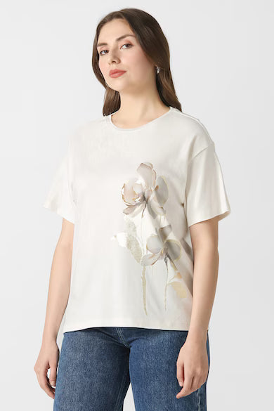 VAN HEUSEN Women White Print Casual Round Neck Top