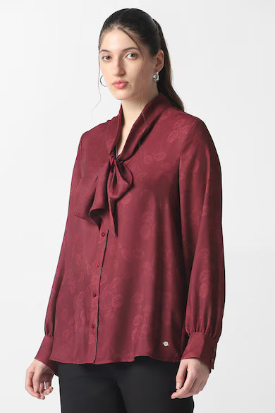 VAN HEUSEN Women Maroon Printed Tie-Up Neck Shirt Top