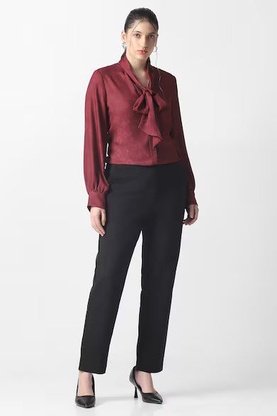VAN HEUSEN Women Maroon Printed Tie-Up Neck Shirt Top