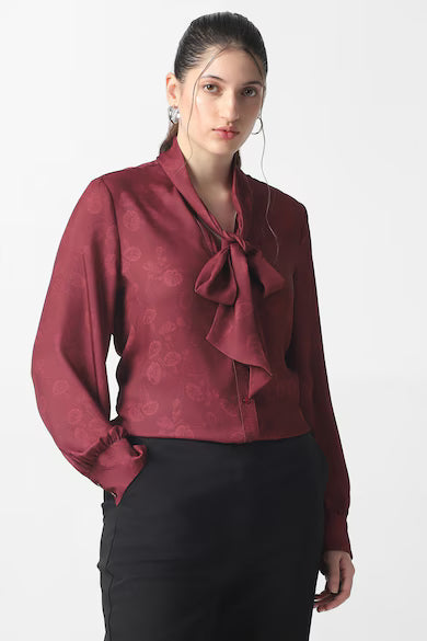 VAN HEUSEN Women Maroon Printed Tie-Up Neck Shirt Top