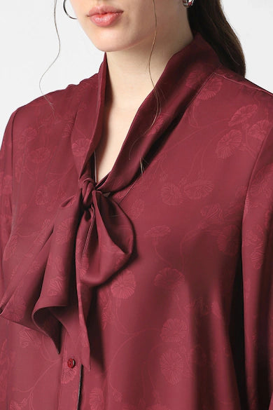 VAN HEUSEN Women Maroon Printed Tie-Up Neck Shirt Top