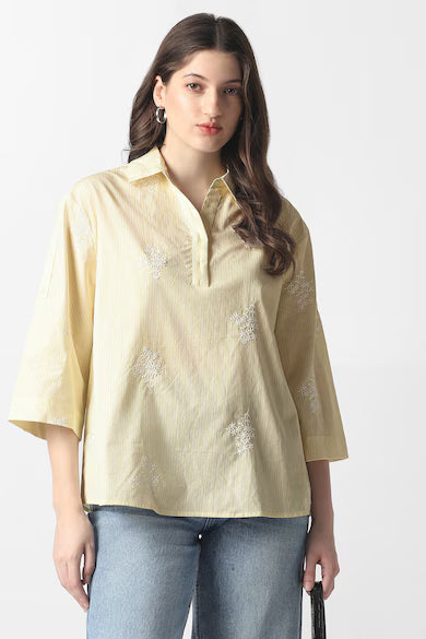 VAN HEUSEN Women Yellow Stripe Casual Stylized Neck Top