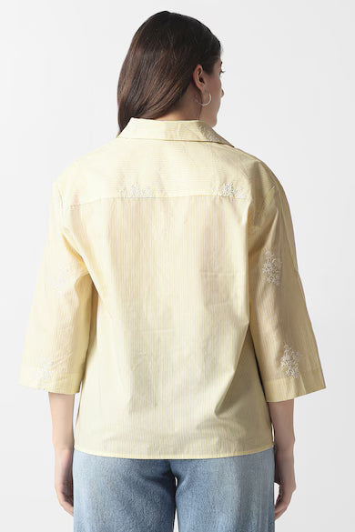 VAN HEUSEN Women Yellow Stripe Casual Stylized Neck Top