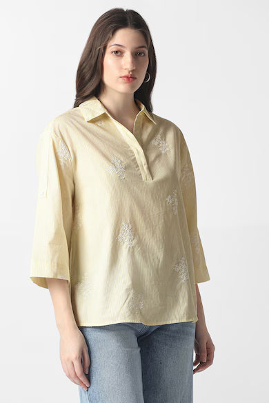 VAN HEUSEN Women Yellow Stripe Casual Stylized Neck Top