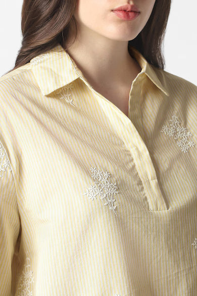 VAN HEUSEN Women Yellow Stripe Casual Stylized Neck Top