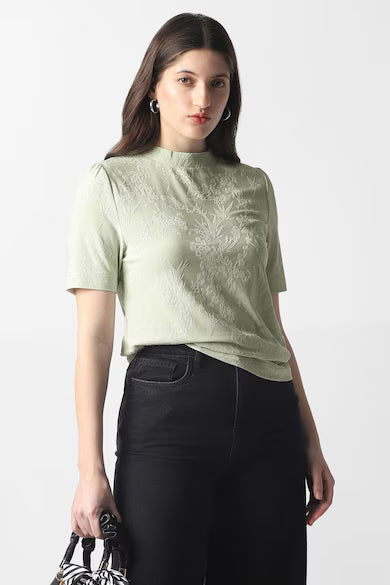 VAN HEUSEN Women Green Textured Formal Round Neck Top