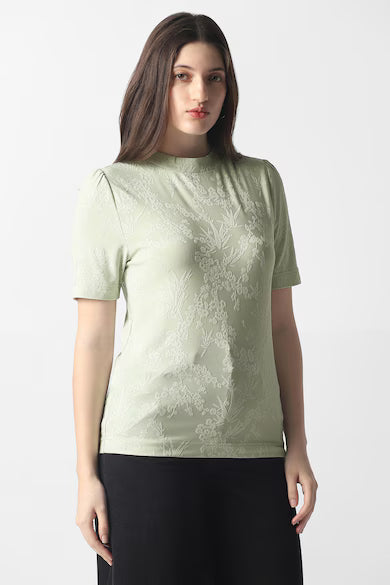 VAN HEUSEN Women Green Textured Formal Round Neck Top