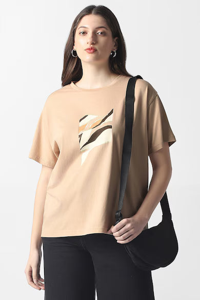 VAN HEUSEN Women Beige Print Casual Round Neck Top