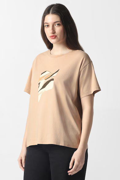VAN HEUSEN Women Beige Print Casual Round Neck Top