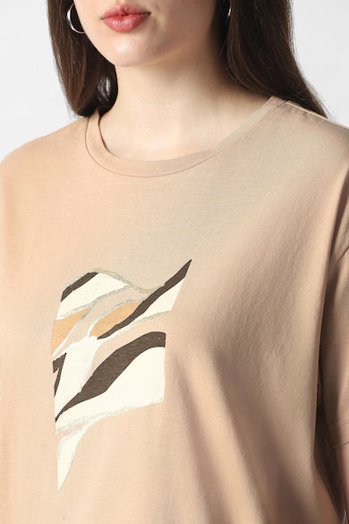 VAN HEUSEN Women Beige Print Casual Round Neck Top