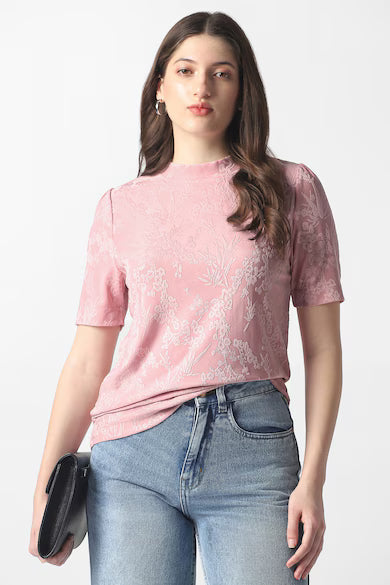 VAN HEUSEN Women Pink Textured Formal Round Neck Top