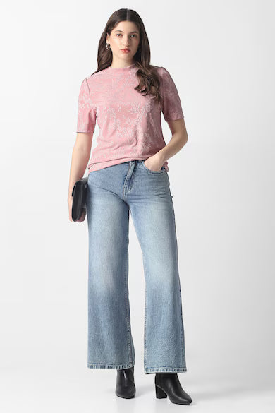 VAN HEUSEN Women Pink Textured Formal Round Neck Top