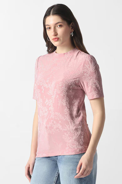 VAN HEUSEN Women Pink Textured Formal Round Neck Top