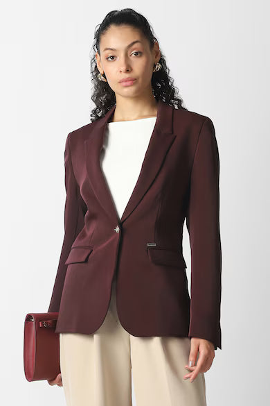 VAN HEUSEN Women Maroon Solid Blazer
