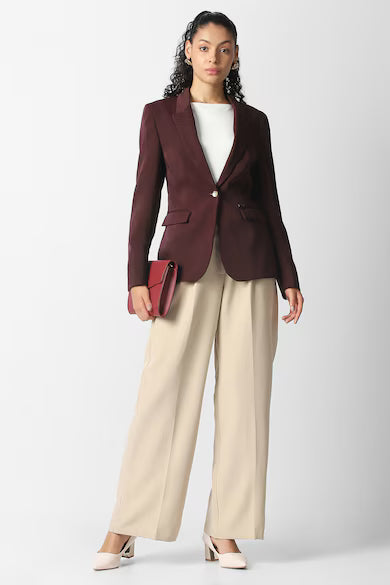 VAN HEUSEN Women Maroon Solid Blazer