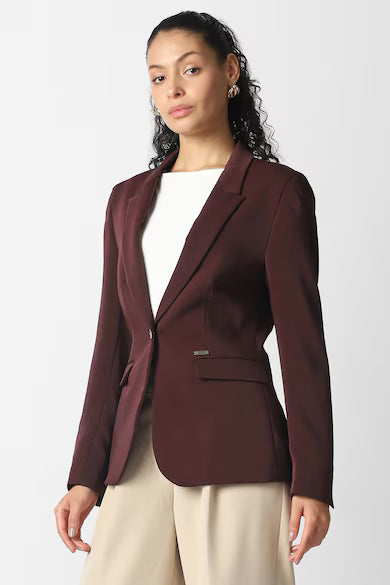 VAN HEUSEN Women Maroon Solid Blazer