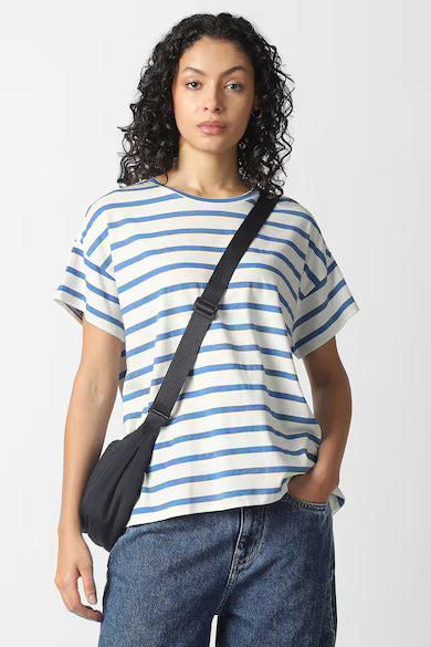 VAN HEUSEN Women White Stripe Casual Round Neck Top