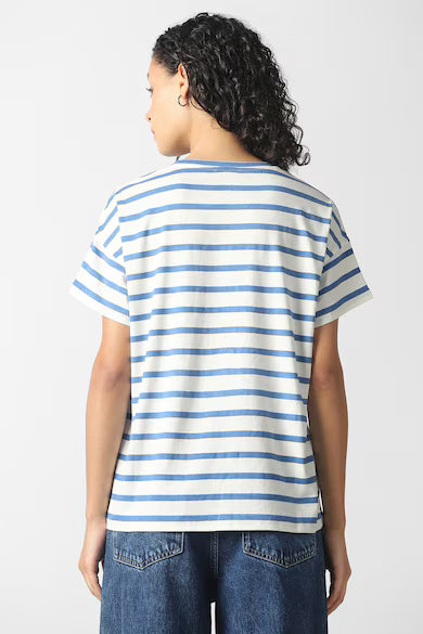 VAN HEUSEN Women White Stripe Casual Round Neck Top