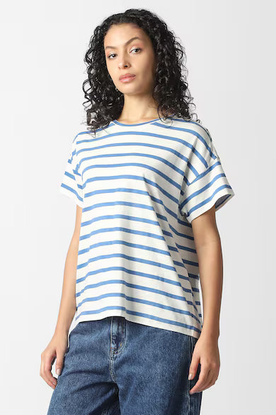 VAN HEUSEN Women White Stripe Casual Round Neck Top