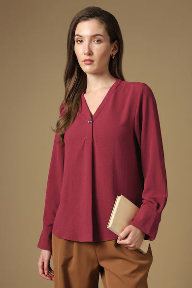 VAN HEUSEN Women Maroon Solid V-Neck Casual Top