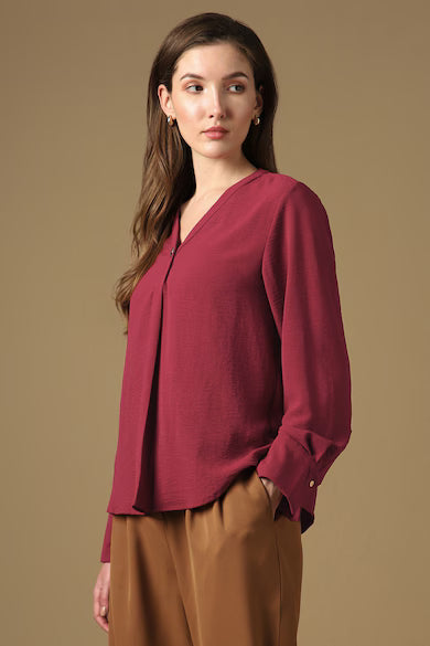 VAN HEUSEN Women Maroon Solid V-Neck Casual Top