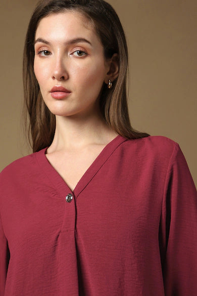 VAN HEUSEN Women Maroon Solid V-Neck Casual Top