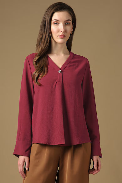 VAN HEUSEN Women Maroon Solid V-Neck Casual Top
