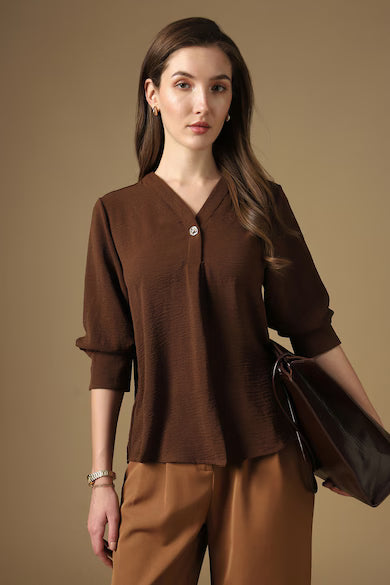 VAN HEUSEN Women Brown Solid V-Neck Casual Top