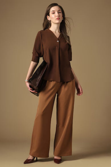 VAN HEUSEN Women Brown Solid V-Neck Casual Top
