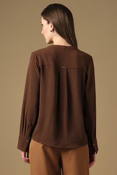 VAN HEUSEN Women Brown Solid V-Neck Casual Top