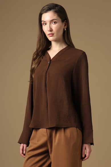 VAN HEUSEN Women Brown Solid V-Neck Casual Top