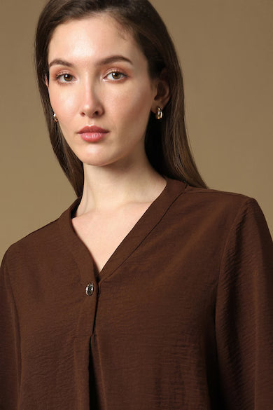 VAN HEUSEN Women Brown Solid V-Neck Casual Top