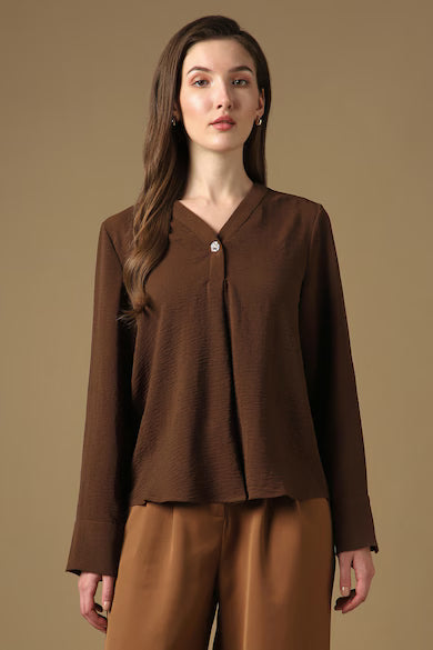 VAN HEUSEN Women Brown Solid V-Neck Casual Top
