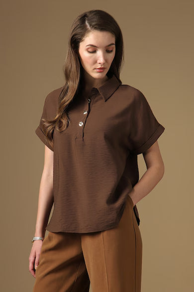 VAN HEUSEN Women Brown Solid Stylized Neck Casual Top