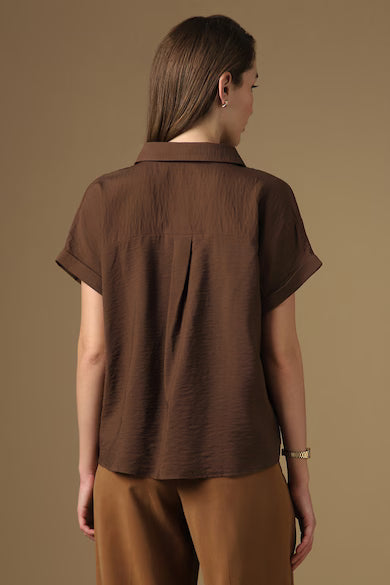 VAN HEUSEN Women Brown Solid Stylized Neck Casual Top