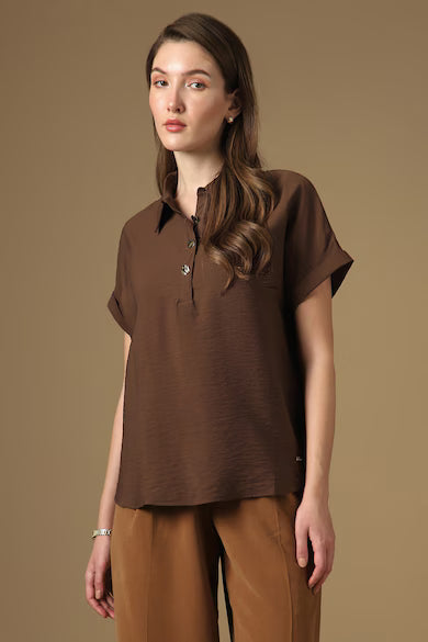 VAN HEUSEN Women Brown Solid Stylized Neck Casual Top
