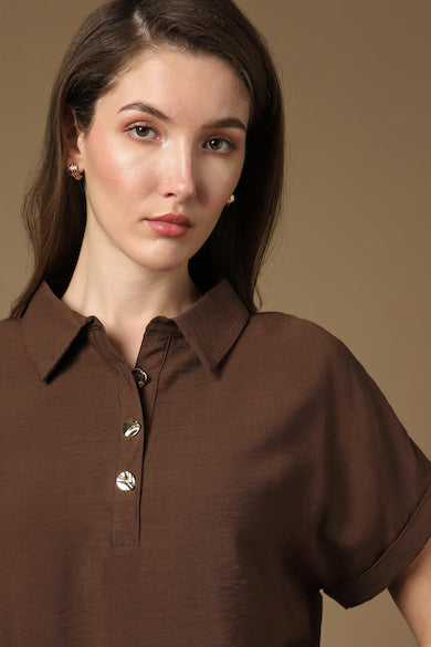 VAN HEUSEN Women Brown Solid Stylized Neck Casual Top