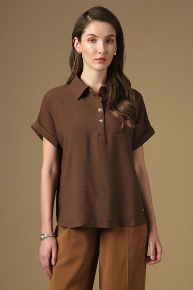 VAN HEUSEN Women Brown Solid Stylized Neck Casual Top