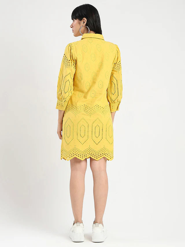 MADAME Schiffli Mustard Yellow Midi Shirt Dress