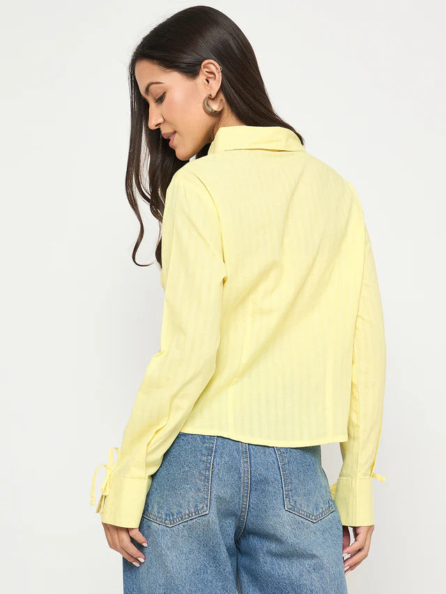 MADAME Tie-Cuff Detail Striped Yellow Cotton Shirt