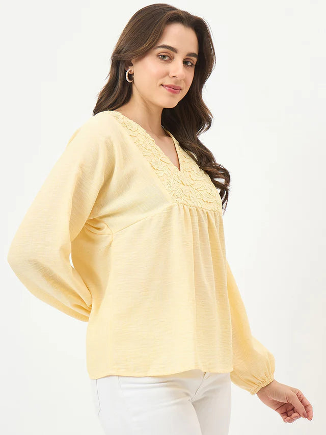 MADAME Yellow Printed Puff-Sleeve Top