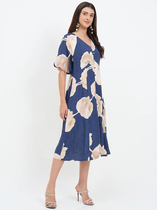 MADAME Navy Blue Floral Printed Dress