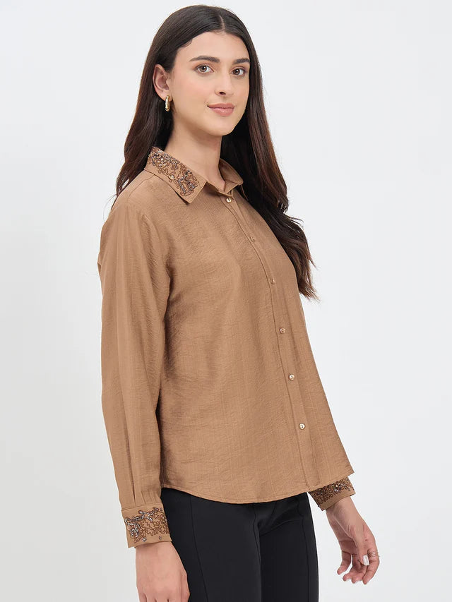 MADAME Solid Brown Rayon Blend Shirt