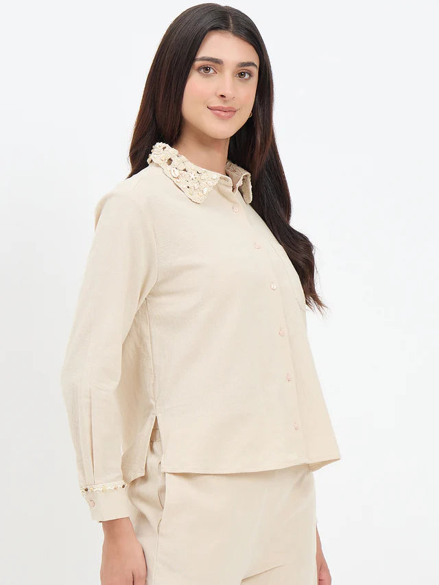 MADAME Collar Embellished Beige Cotton Shirt