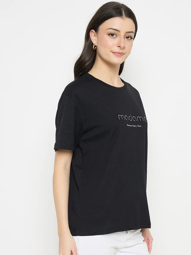 MADAME Black Cotton Printed T-Shirt